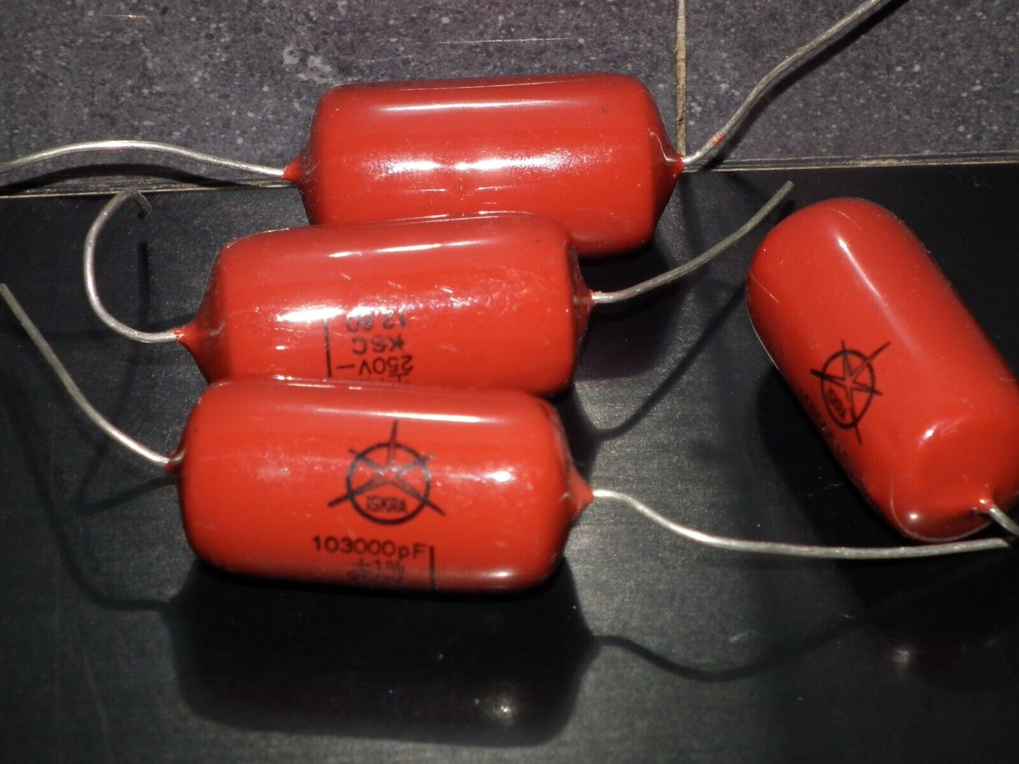 Two (2) Vintage ISKRA Polystyrene Styroflex KS Capacitors 0.1u 103nF 250V 1% 70s