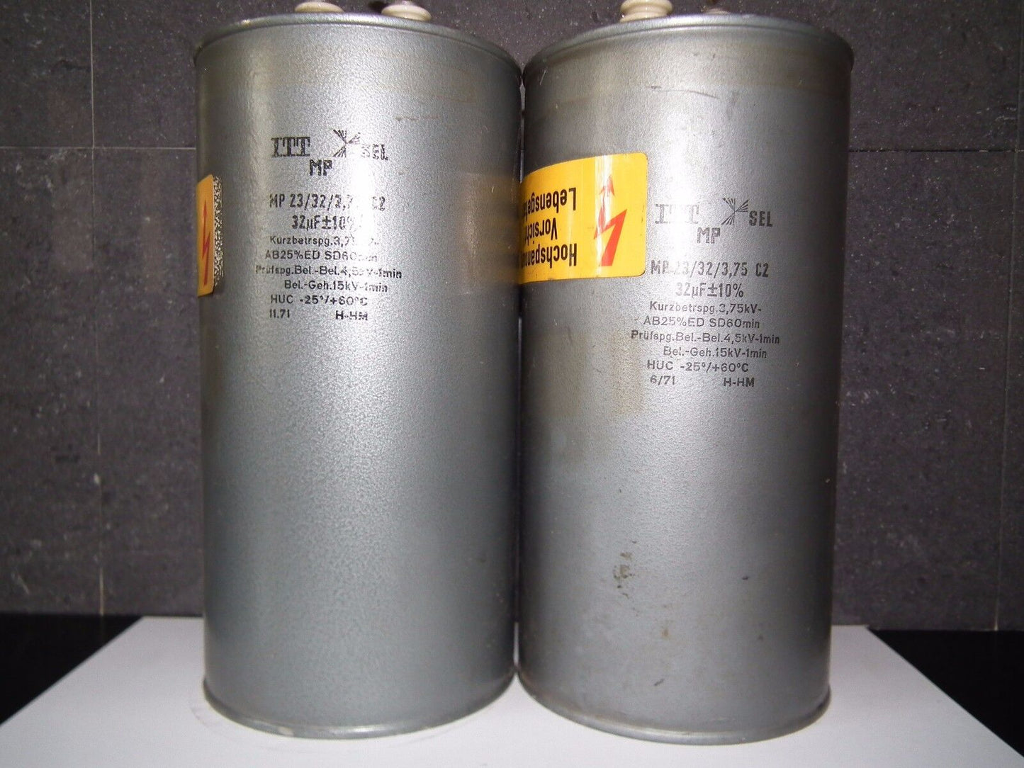 Two vintage ITT PIO capacitors 32 uF / 3.75KV 32mfd / 3.75KV W. Germany 1971