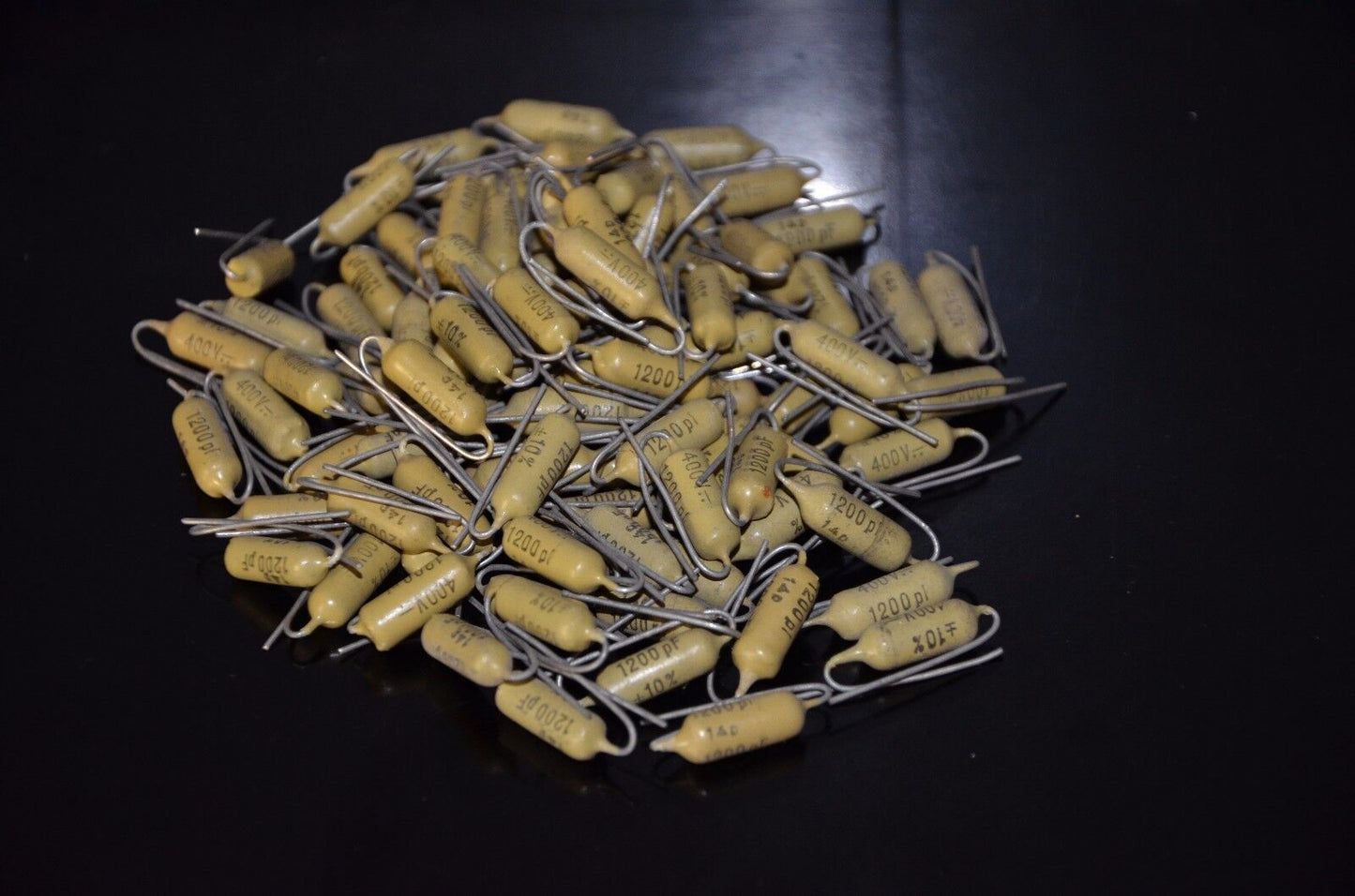 Two vintage Mullard Mustard Philips Capacitors 1200pF / 400V Marshall,Fender, ..
