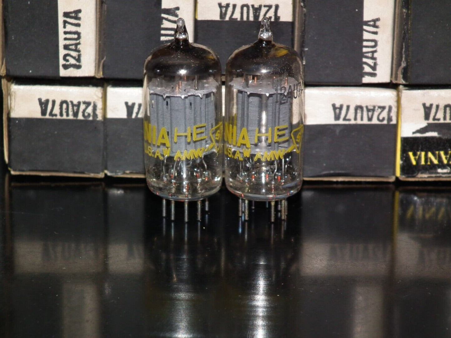 12AU7A Sylvania ECC82 NOS NIB platinum matched pair Long Plates Big O Getter Yel