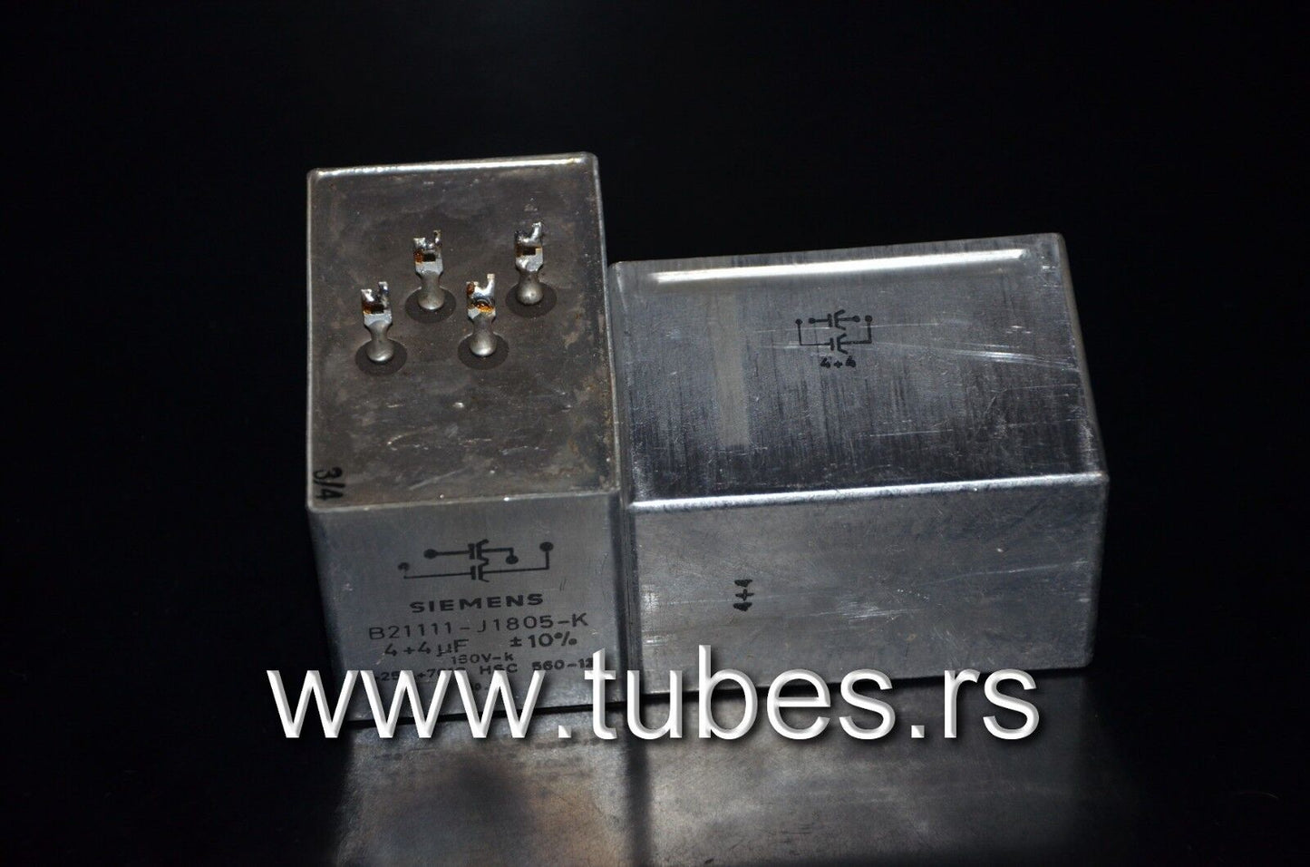 Two vintage Siemens PIO capacitors 4+4 uF 160V Klangfilm Made in W. Germany 1978