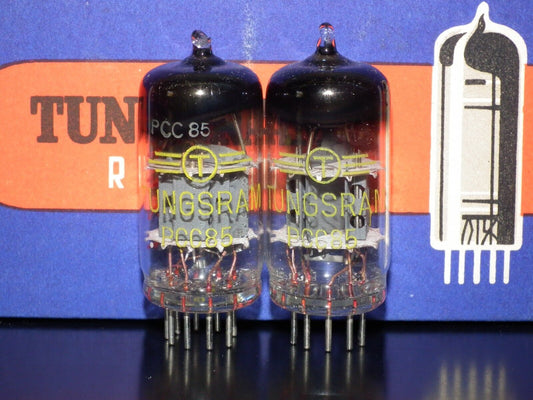 PCC85 Tungsram Austria Platinum Matched Pair NOS NIB RARE Thick Getter late 50s