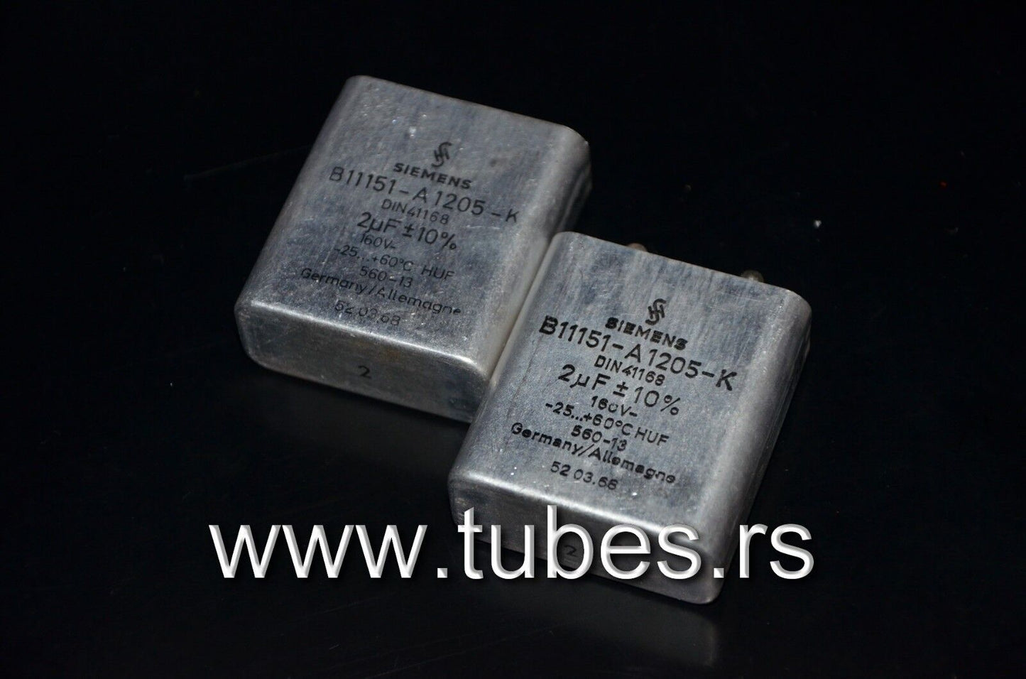 Two vintage Siemens PIO capacitors 2 uF 160V Klangfilm Made in Germany 2mfd 160V