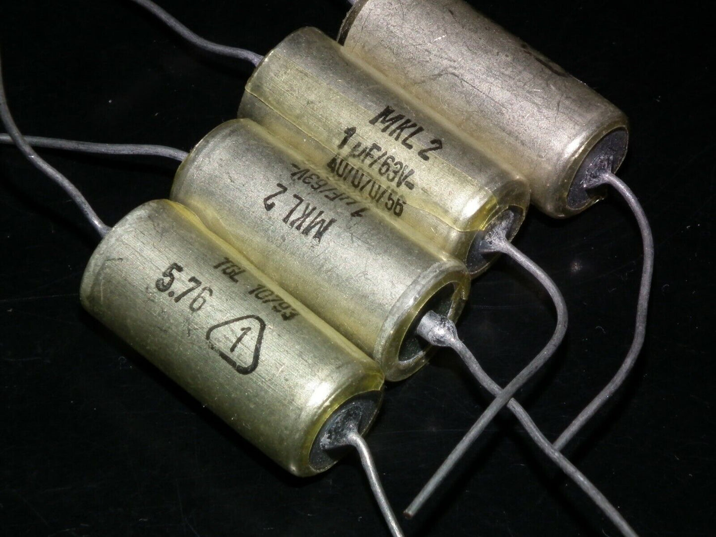 Four vintage NOS capacitors 1uF 63V MKL2 Made in West Germany in 1976 1mfd 63V