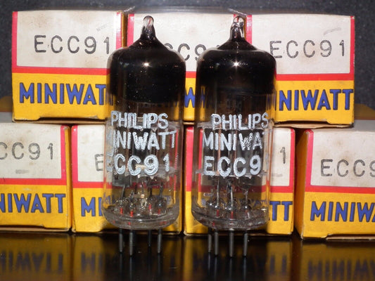 ECC91 6J6 Mullard rebranded Philips NOS NIB Platinum matched pair, G. Britain 63