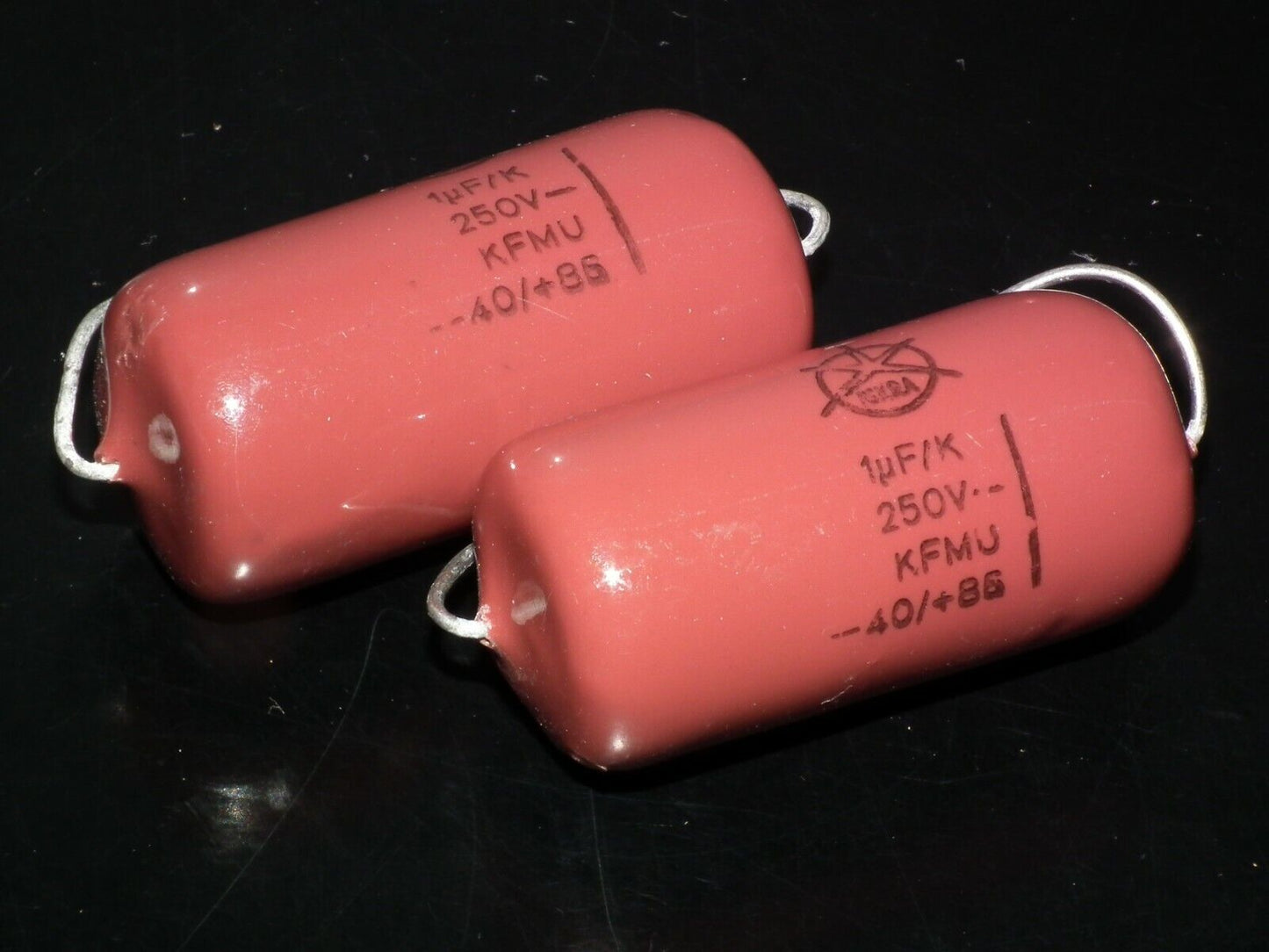 Two vintage NOS capacitors 1uF 250V ISKRA KFMU metalized polyester 1mfd 250V