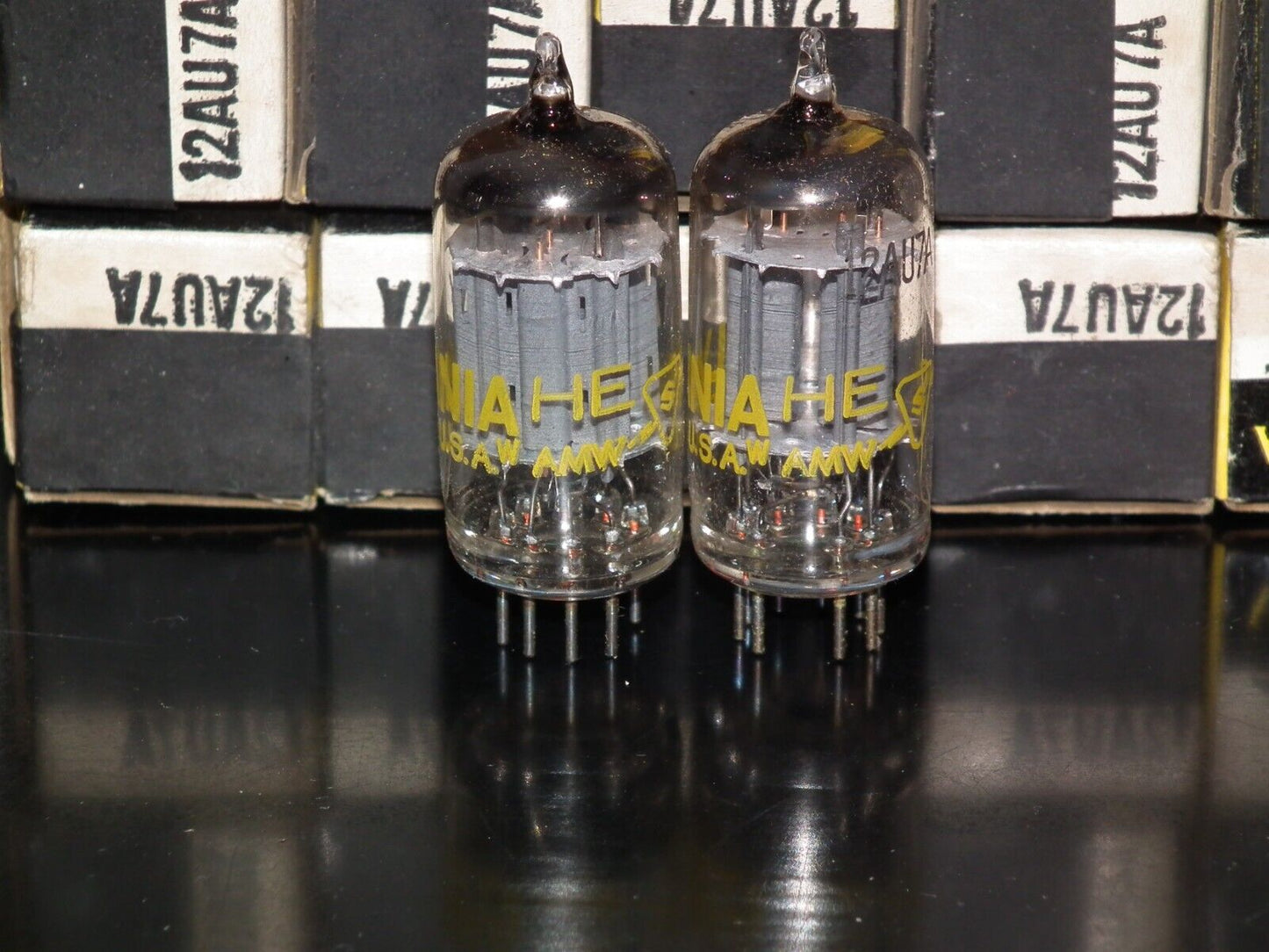 12AU7A Sylvania ECC82 NOS NIB platinum matched pair Long Plates Big O Getter Yel