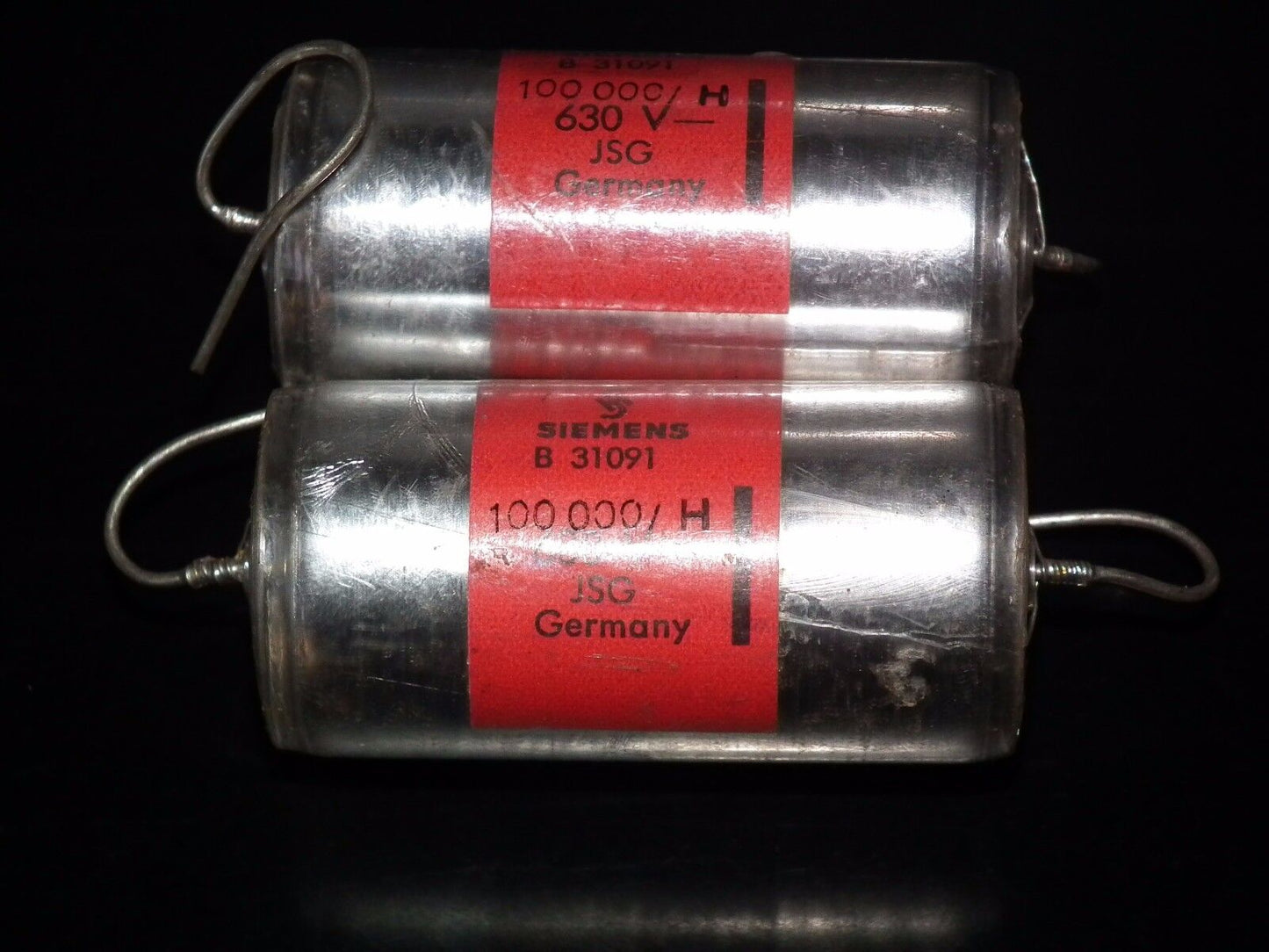 Two vintage NOS Polystyrene Capacitors 0.1mfd / 630V Siemens Klangfilm Hi End