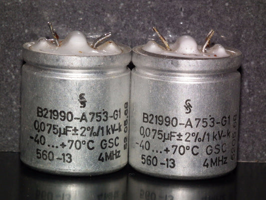 Two vintage Sikatrop Capacitors 0.075mfd / 1KV Siemens Klangfilm Hi End 75nF 1KV