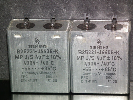 Two vintage Siemens PIO capacitors 4.0 uF / 400V Klangfilm tube audio Jan 1966