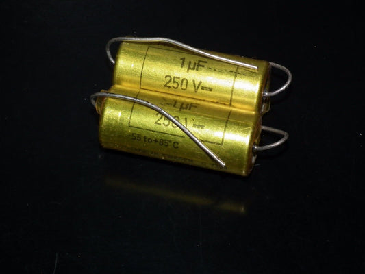 Two NOS vintage MP capacitors 1 uF / 250V Rifa Sweden PIO Paper in oil capacitor