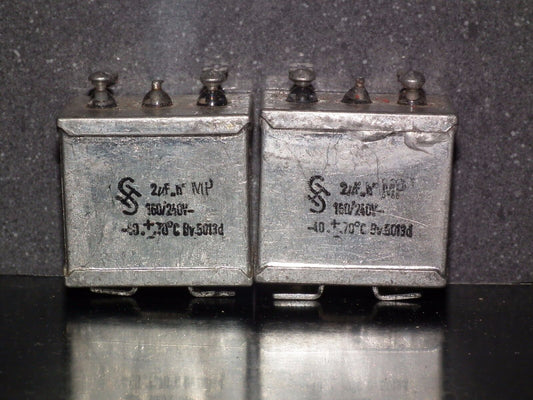 Two vintage NOS Siemens Klangfilm PIO capacitors 2 uF 240V Germany 2mfd / 240V