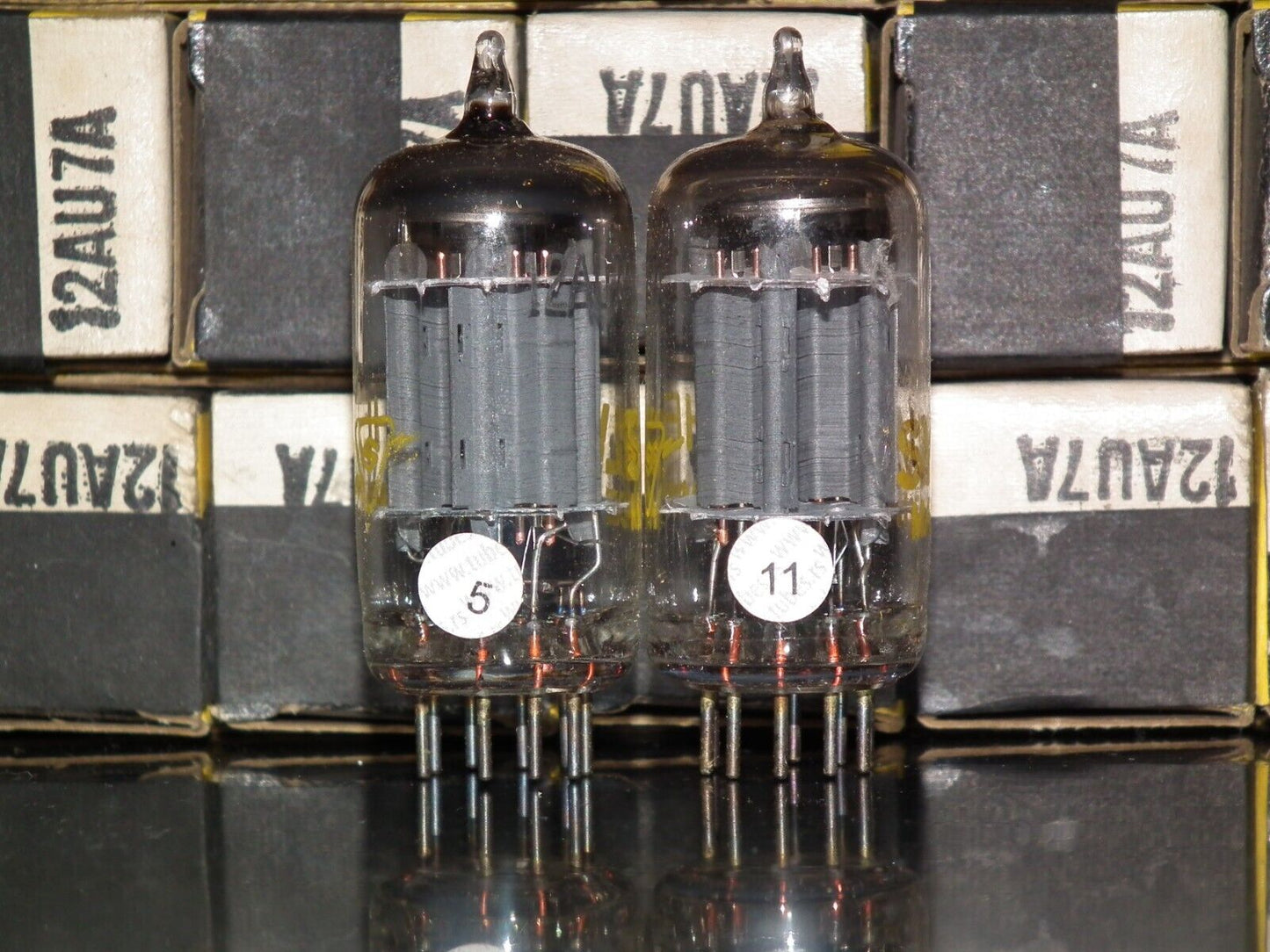 12AU7A Sylvania ECC82 NOS NIB platinum matched pair Long Plates Big O Getter Yel