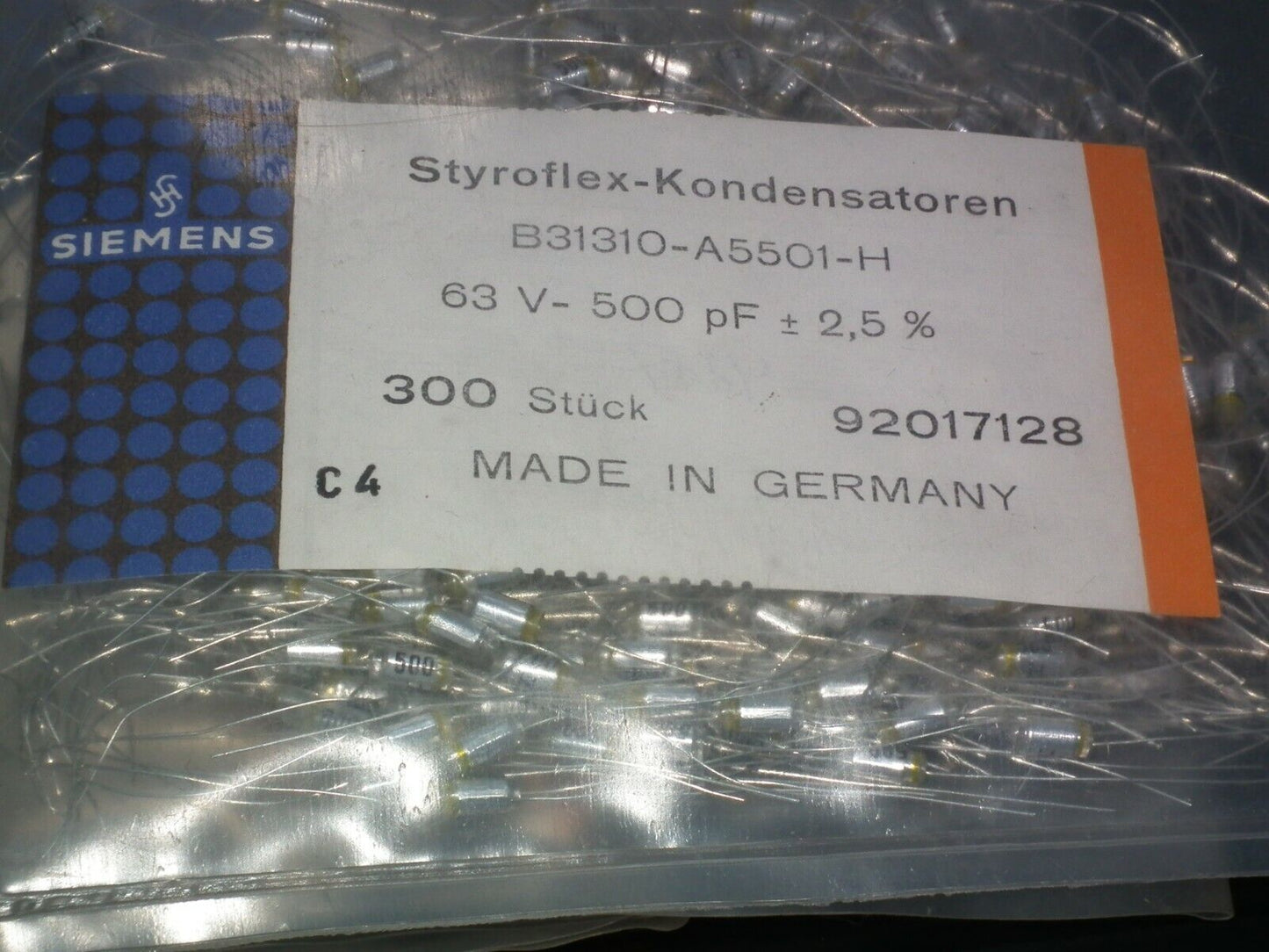 Five (5 pcs) vintage styroflex polystyrene Siemens capacitors 500 pF / 63V NOS