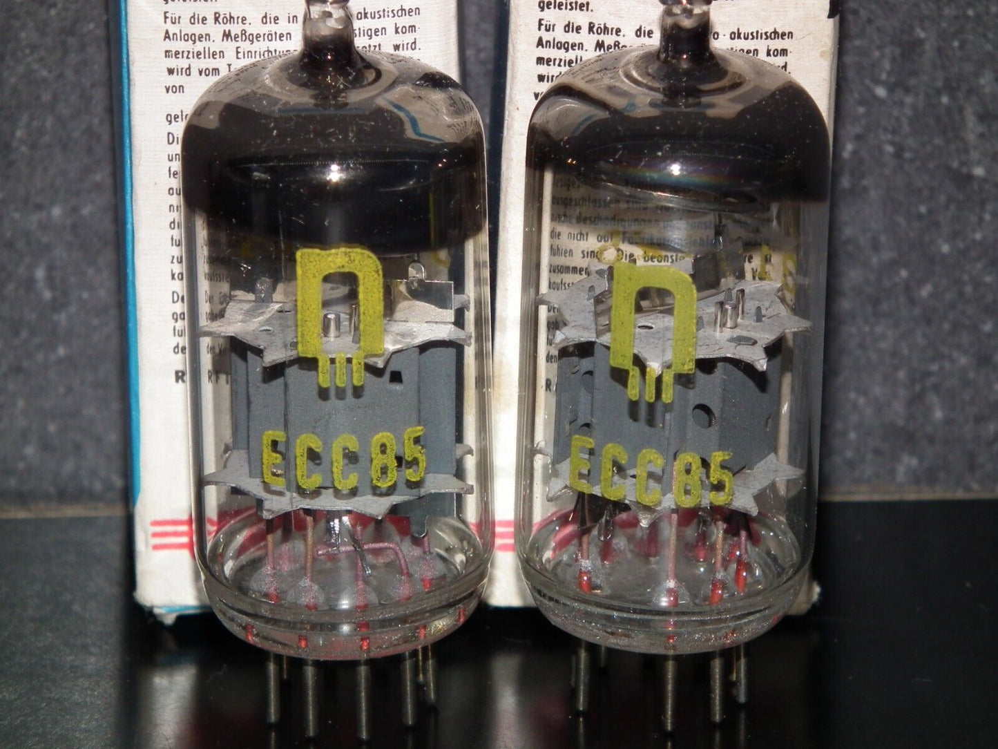 Matched pair ECC85 RFT NOS NIB Inclined Big O Getter, early 60s