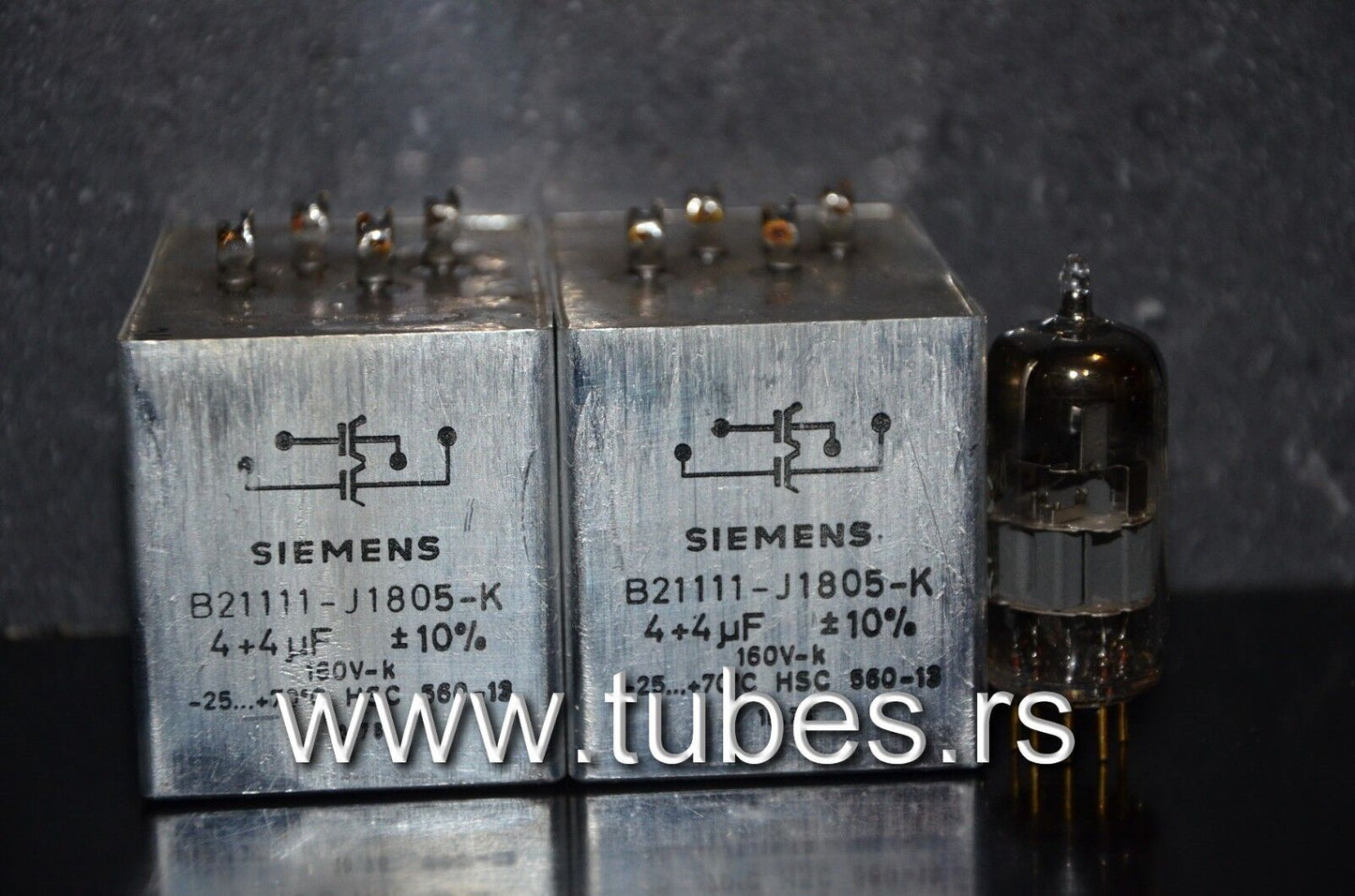 Two vintage Siemens PIO capacitors 4+4 uF 160V Klangfilm Made in W. Germany 1978