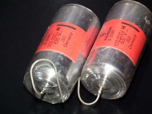 Two vintage NOS Polystyrene Capacitors 0.1mfd / 630V Siemens Klangfilm Hi End