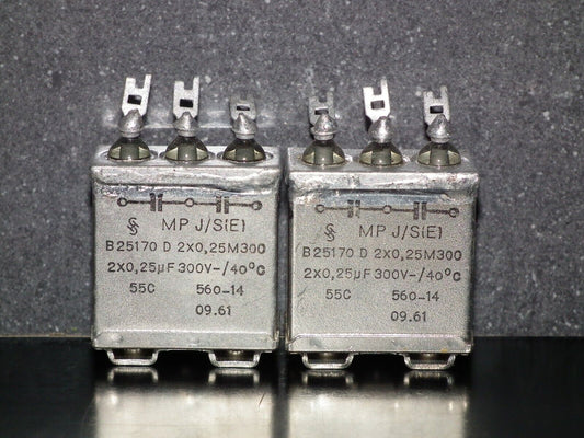 Two vintage Siemens PIO capacitors 2x0.25 uF 300V Klangfilm tube audio 60s