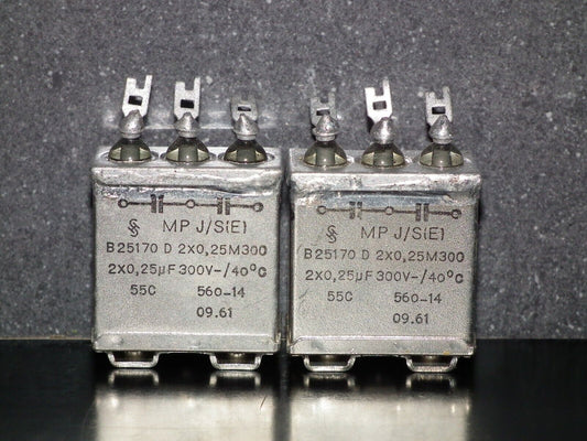 Two vintage Siemens PIO capacitors 2x0.25 uF 300V Klangfilm tube audio 60s NOS