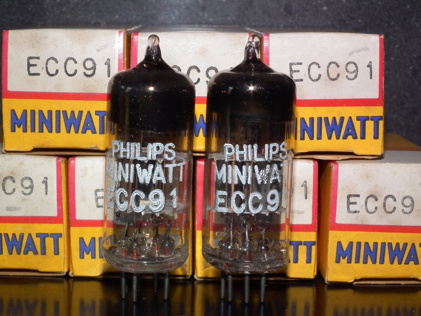 ECC91 6J6 Mullard rebranded Philips NOS NIB Platinum matched pair, G. Britain 63