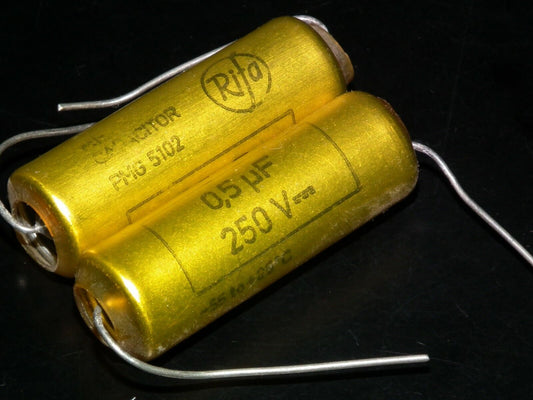 Two vintage NOS MP capacitors 0.5 uF 250V Rifa Sweden PIO Paper in oil capacitor