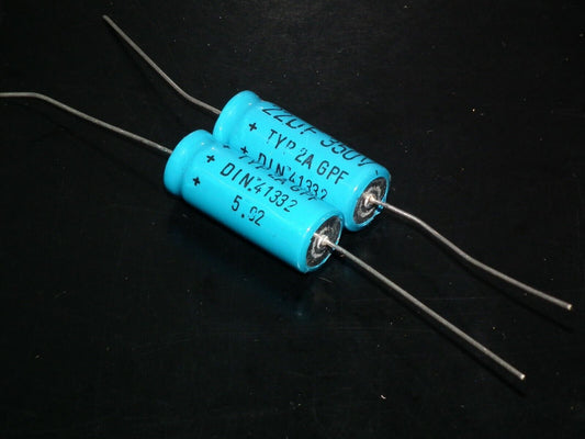 Two vintage NOS F&T electrolytic capacitors 22uF 350V Made in West Germany 70s
