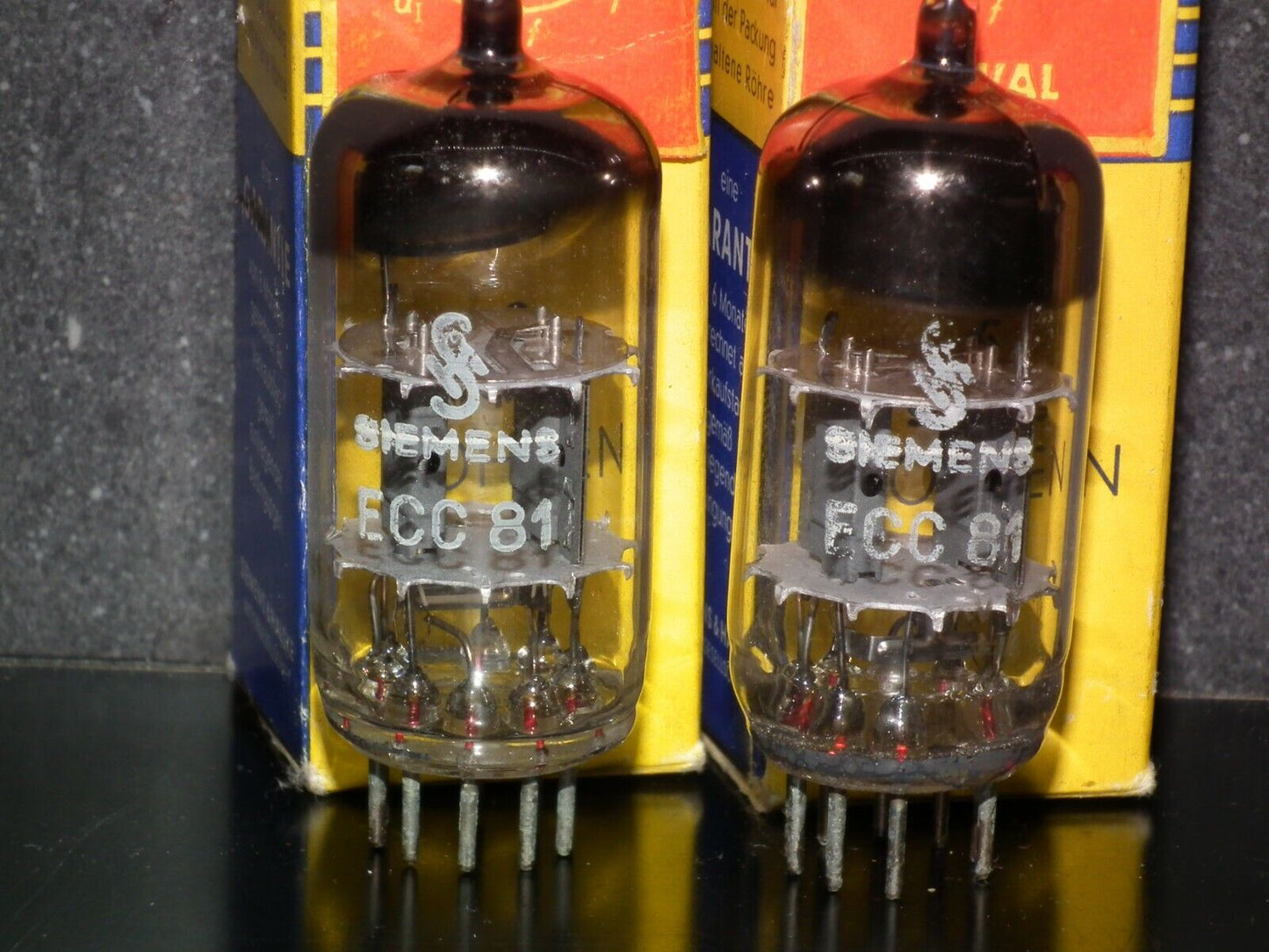Matched pair ECC81 12AT7 Siemens Halske NOS NIB Big ring getter, Munich plant