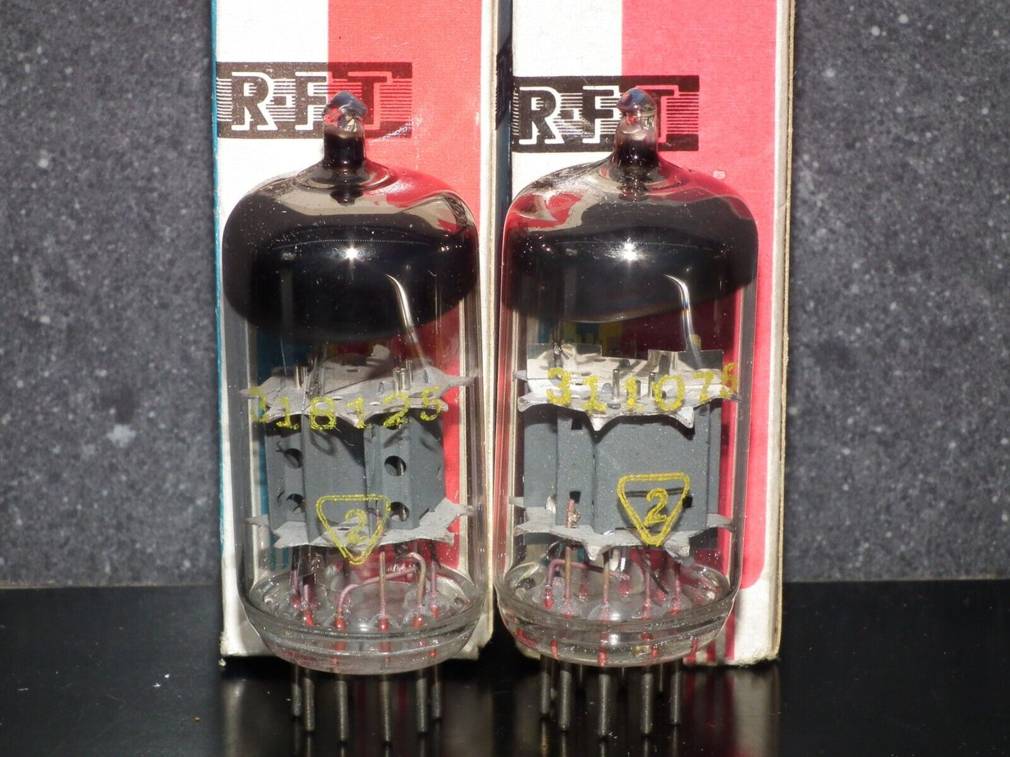 Matched pair ECC85 RFT NOS NIB Inclined Big O Getter, early 60s