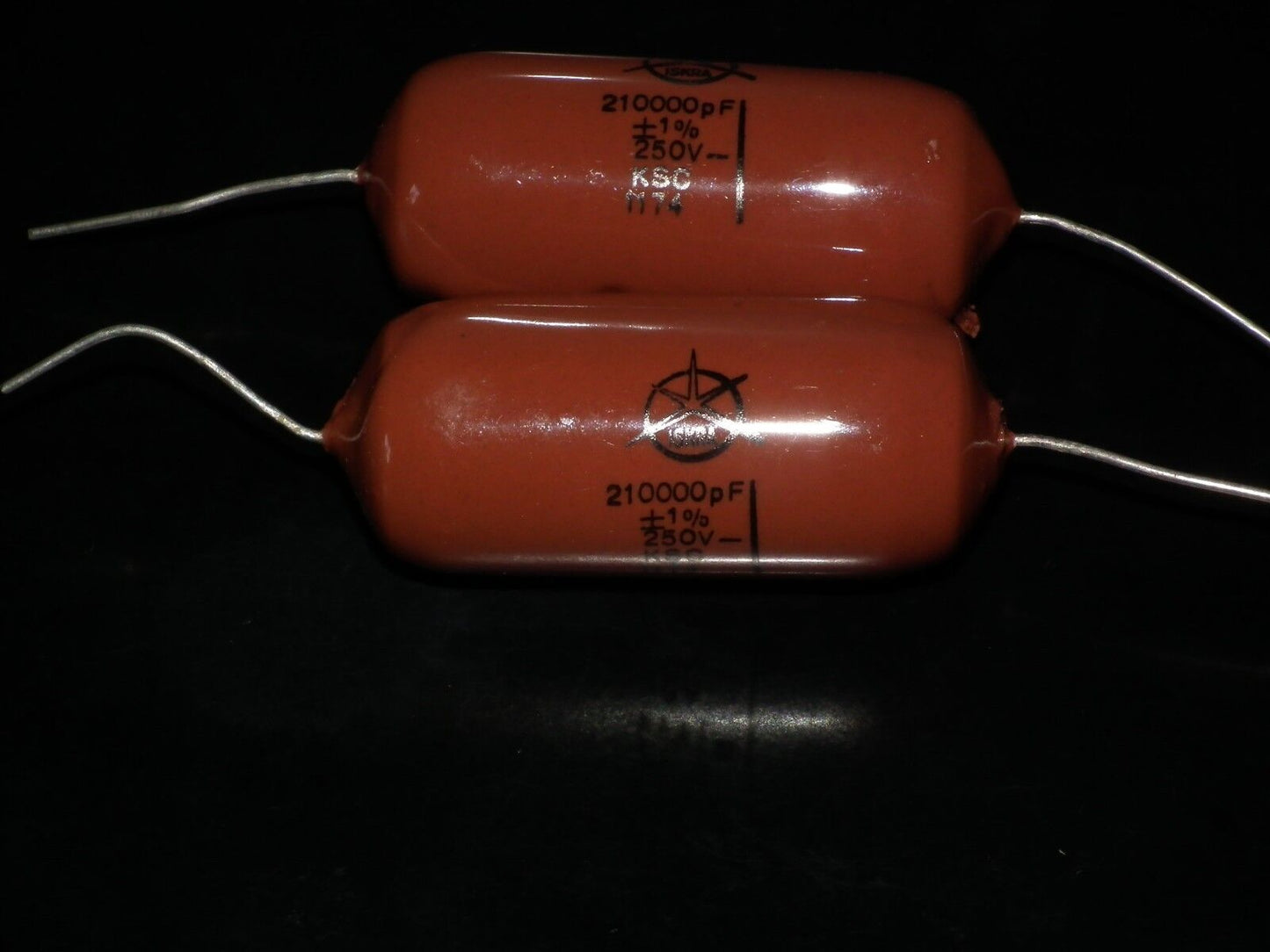 Two vintage polystyrene capacitors 210000pF / 0.21uF 250V ISKRA Siemens 70s