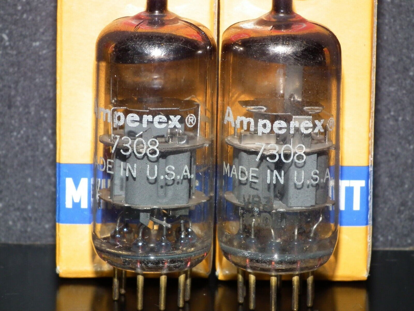 7308 Amperex E188CC RARE gray shield, matched pair tested NOS, gold pins 1961 P2
