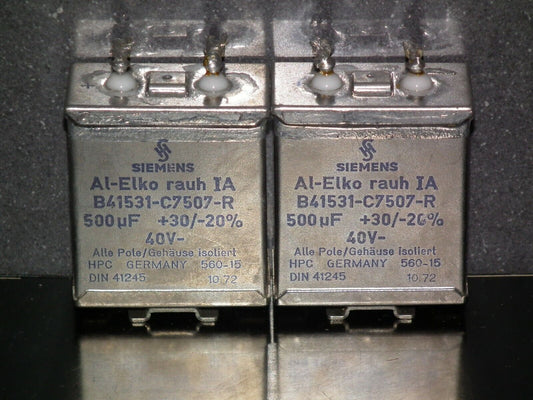 Two vintage Siemens capacitors 500uF 40V Klangfilm tube audio W.Germany 500mfd
