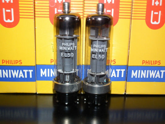 Matched Pair Philips EL50 Output Pentode RARE Dual D GETTER Metal Base same code