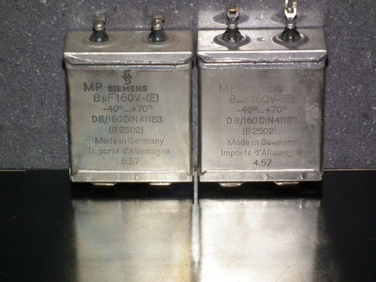 Two vintage Siemens PIO capacitors 8 uF 160V Klangfilm tube audio Glass End Seal