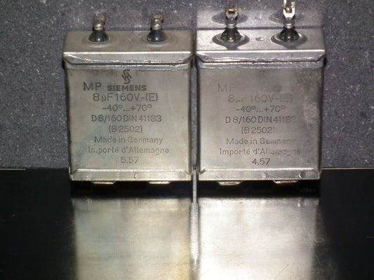 Two vintage Siemens PIO capacitors 8 uF 160V Klangfilm tube audio Glass End Seal