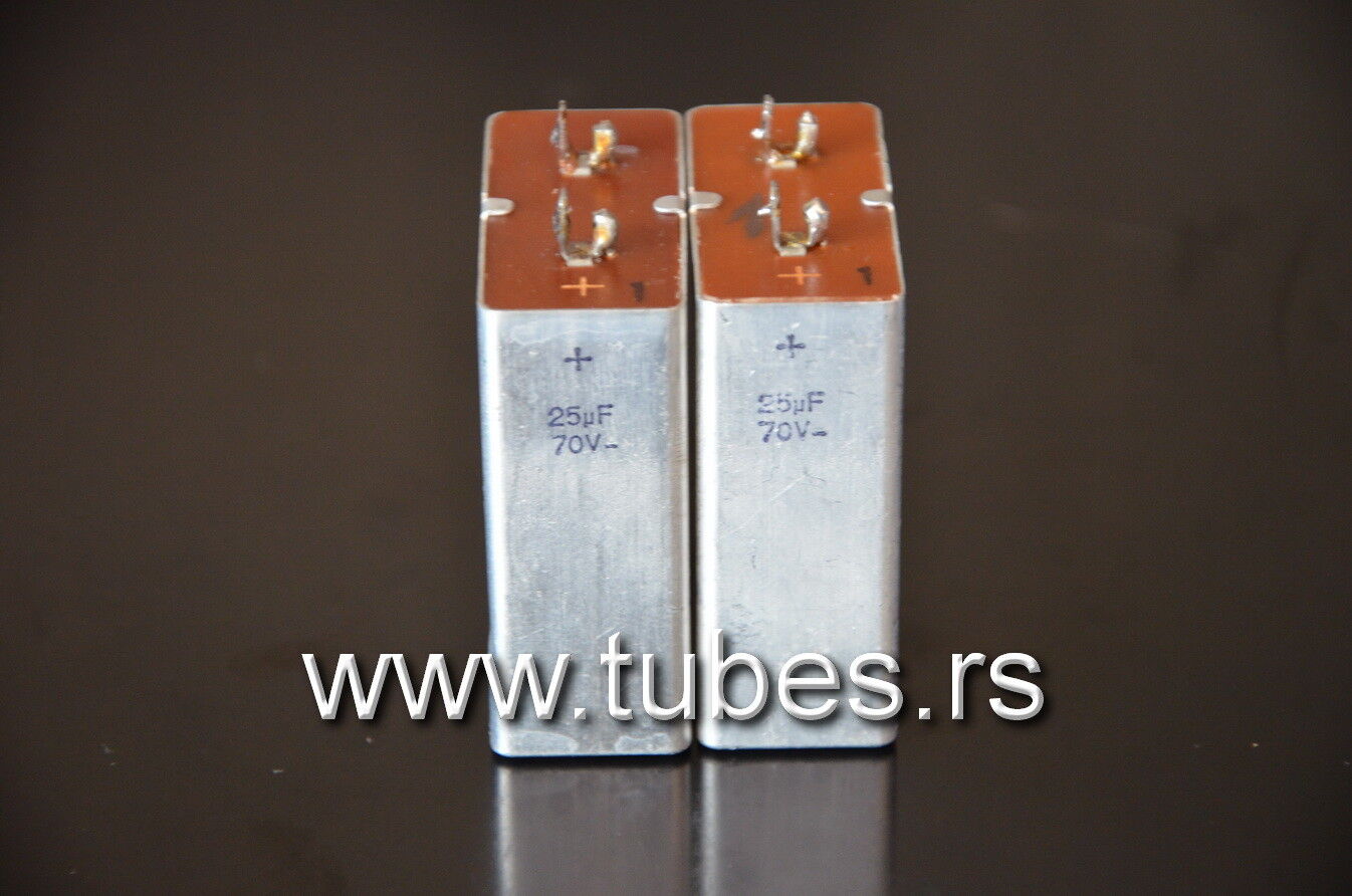 Two vintage Siemens electrolytic capacitors 25uF / 70V Klangfilm "Elyt glatt IB