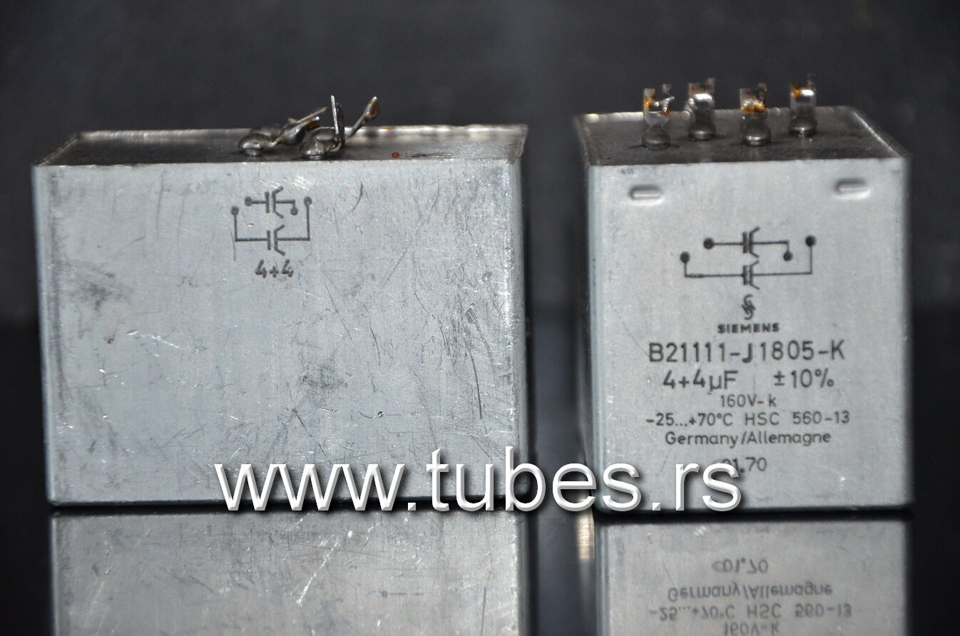 Two vintage Siemens PIO capacitors 4 + 4 uF / 160V Klangfilm from 60s-70s
